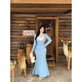 纯欲温柔风加绒褶皱收腰显瘦包臀鱼尾连衣裙 大码 Bbabes 雪蓝赋