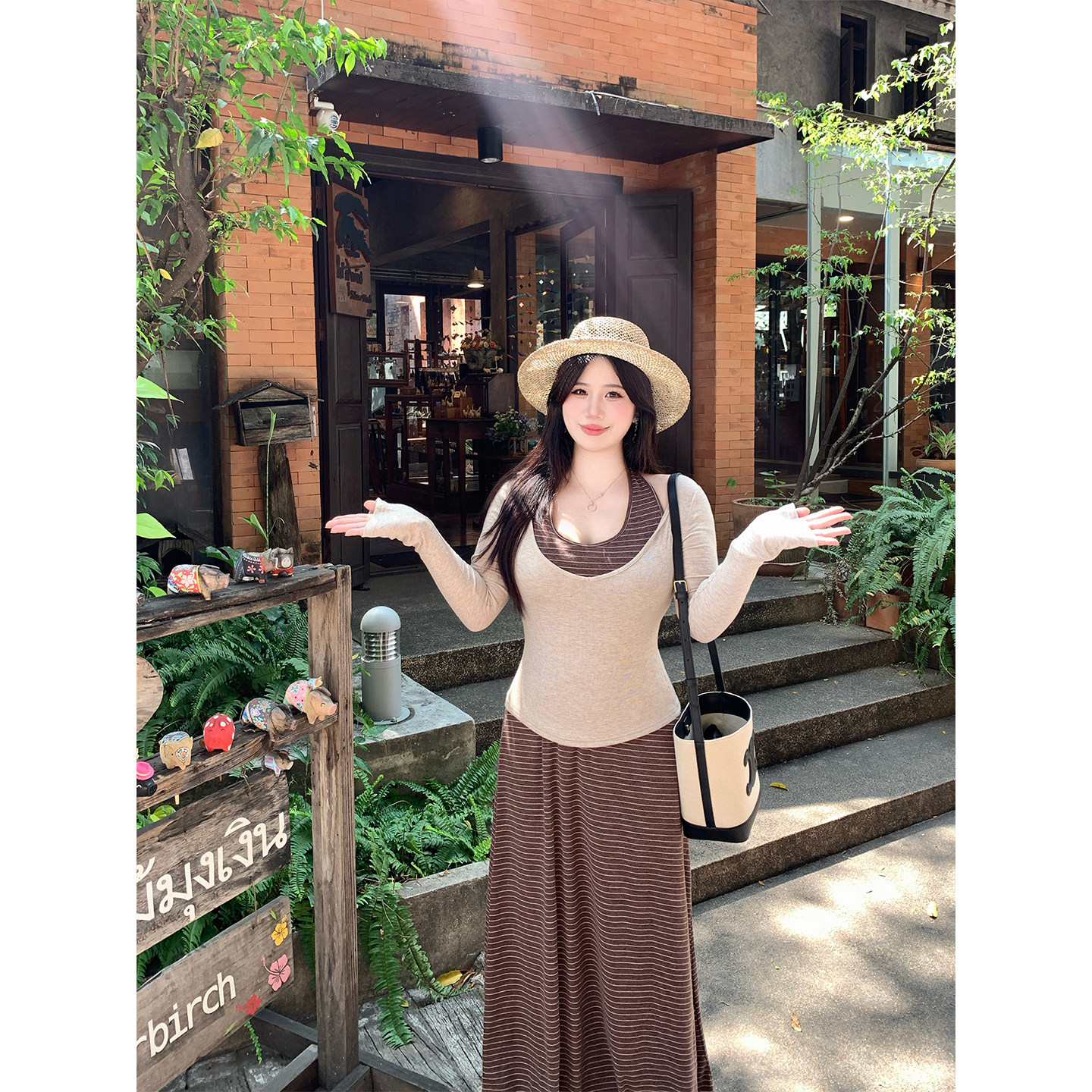 Babes【春日暖阳】大码辣妹性感显瘦绑带修身显瘦条纹拼接套装女