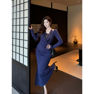 性感辣妹挂脖荡领假两件修身 大码 收腰显瘦包臀裙 蓝调序 Babes