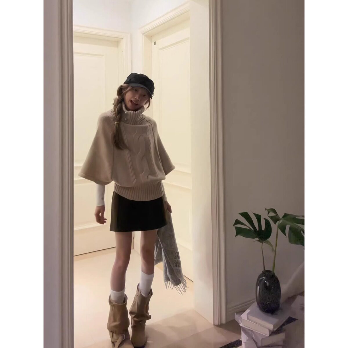 洗水慵懒风高领毛衣女秋冬季新款斗篷宽松麻花针织衫上衣
