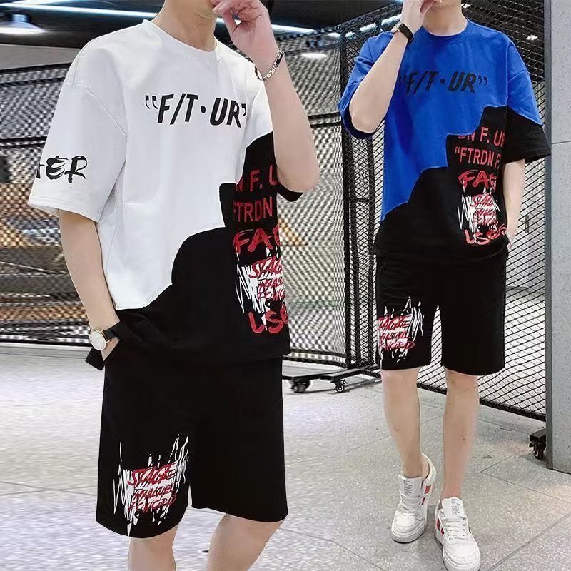 夏季休闲套装男青少年帅气短袖t恤工装裤子潮流搭配一套嘻哈衣服