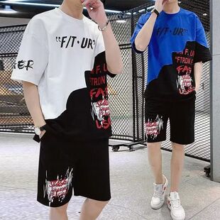夏季休闲套装男青少年帅气短袖t恤工装裤子潮流搭配一套嘻哈衣服