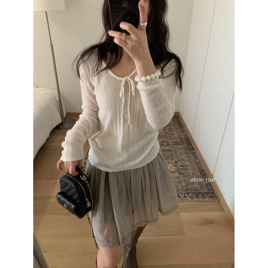6羊毛洗水竖坑条系带v领百搭针织衫女秋冬新款韩系显瘦打底上