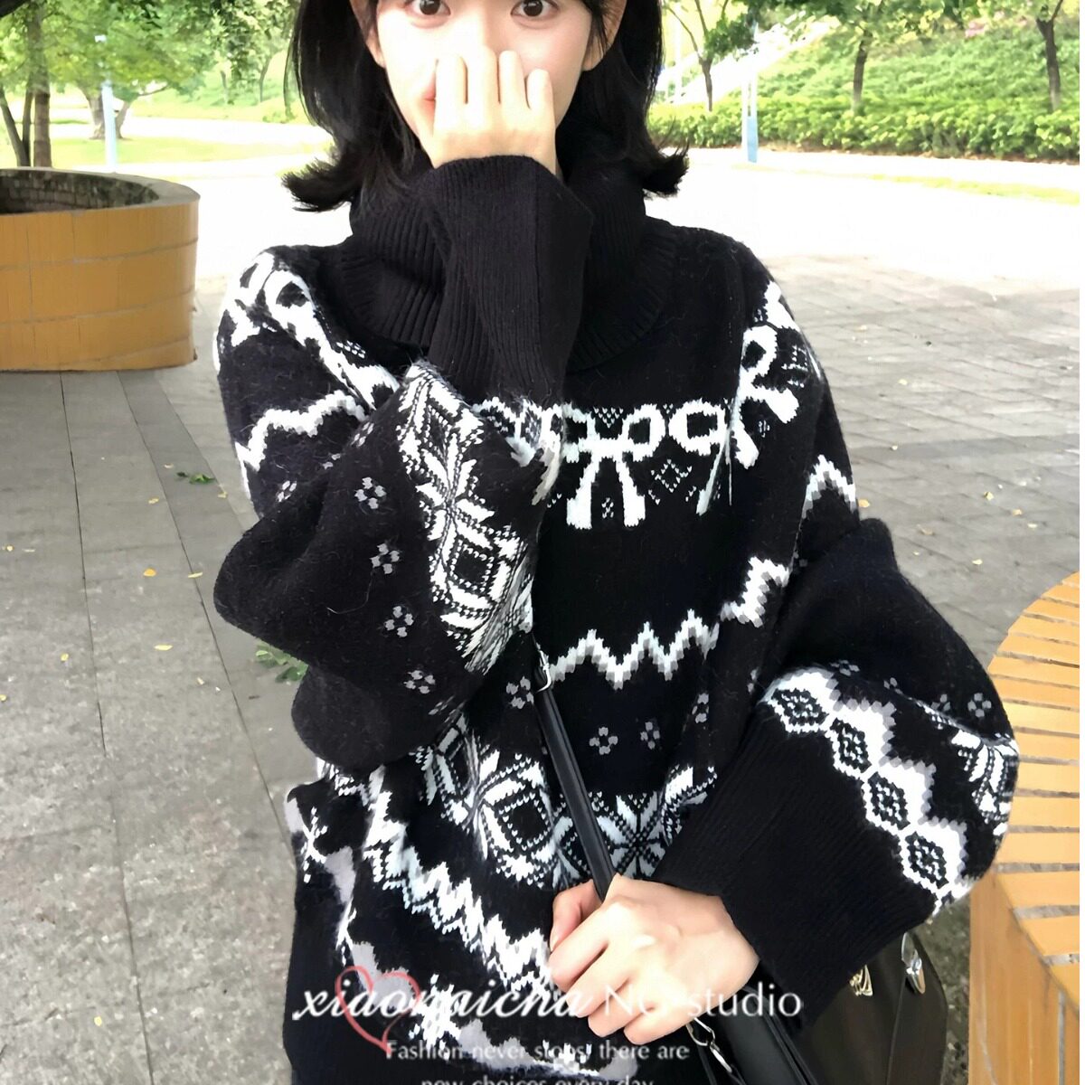 费尔岛甜美风黑色高领针织衫上衣女秋冬季超好看独特漂亮长袖毛衣