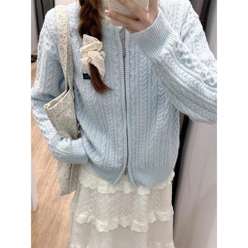 蓝色拉链针织开衫毛衣女蕾丝花边白色半身裙两件套