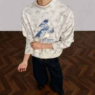 韩版 男装 港风印花上衣新款 2025新款 潮 扎染德绒220240gT恤秋冬装
