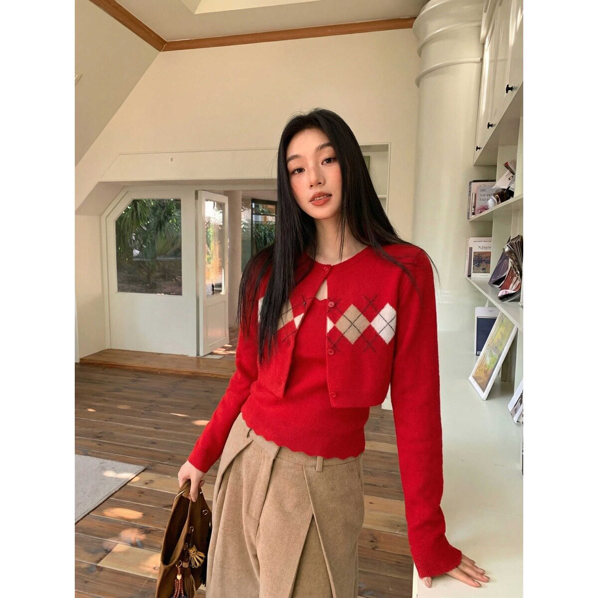 时尚套装撞色菱格短款针织开衫女秋冬内搭花边吊带背心甜辣两件套