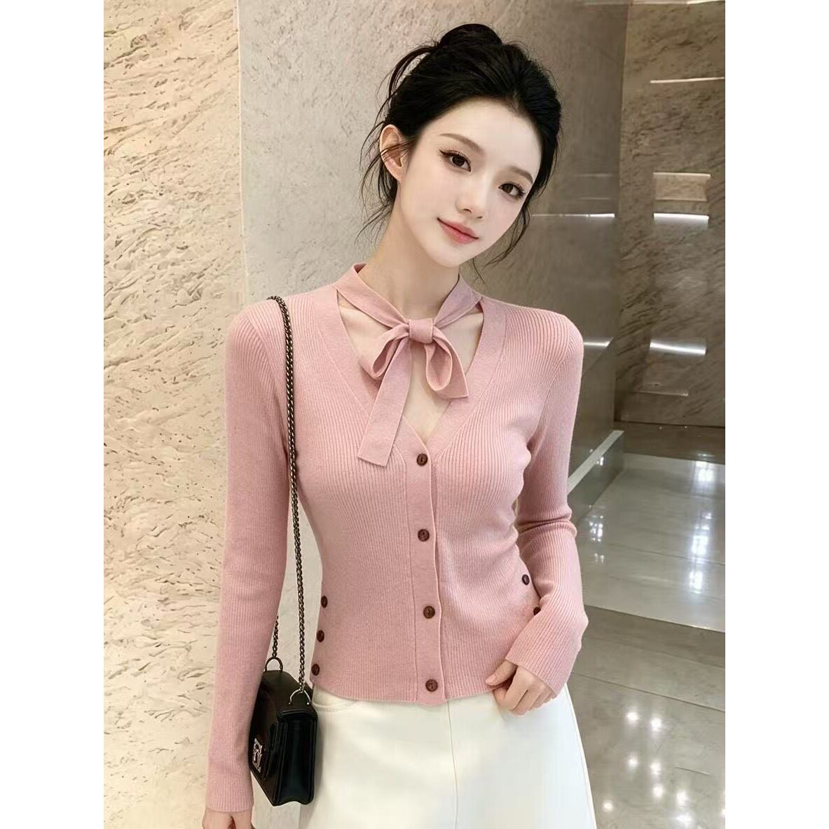 早秋蝴蝶结系带针织衫女修身短款长袖T恤别致甜美打底上衣