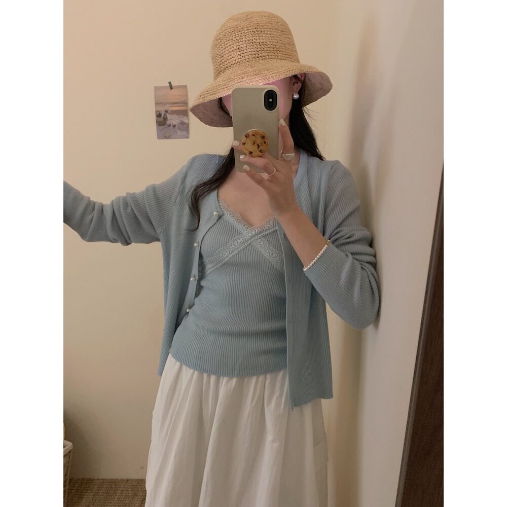 6003甜辣套装女内搭蕾丝边背心吊带珍珠扣针织开衫短外套两件套