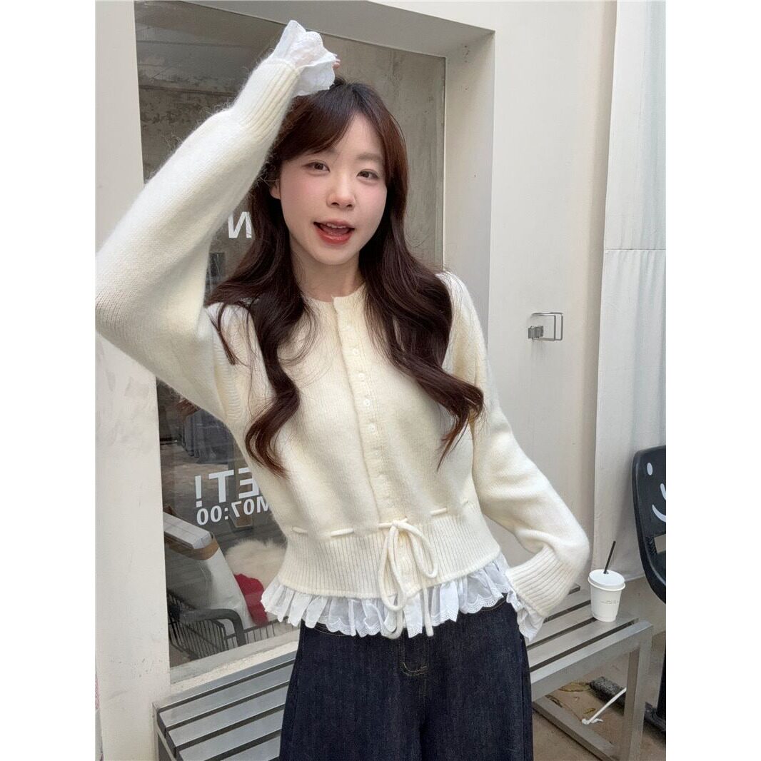 韩系甜美减龄蕾丝花边收腰系带毛衣女士冬季宽松显瘦百搭圆领上衣