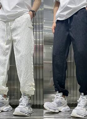春夏中式国风休闲裤男提花束脚裤宽松花纹九分裤男盘扣小脚哈伦裤