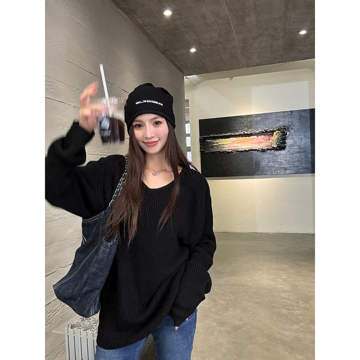 秋冬黑色宽松V领毛衣女慵懒风羊毛高级感长袖针织衫上衣
