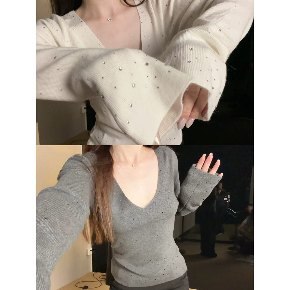 米白色重工烫钻V领针织衫女早秋巨好看修身显瘦内搭弹力打底上衣