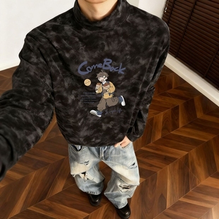 港风印花上衣男保暖韩版 长袖 2025新款 德绒扎染T恤秋冬装 潮牌 新款