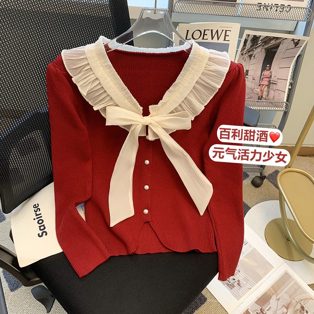 丝光棉法式娃娃领针织打底女内搭秋冬纯欲上衣荷叶边蝴蝶结毛