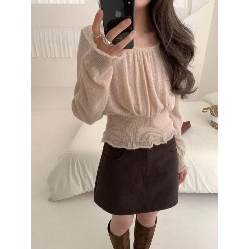 马海毛洗水木耳边长袖针织衫女秋季褶皱圆领收腰显瘦短款上衣