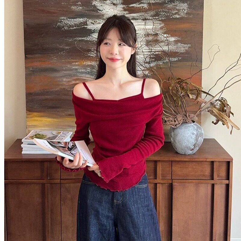 法式荡领假两件长袖针织衫女2026春秋季新款修身露肩早秋chic上衣