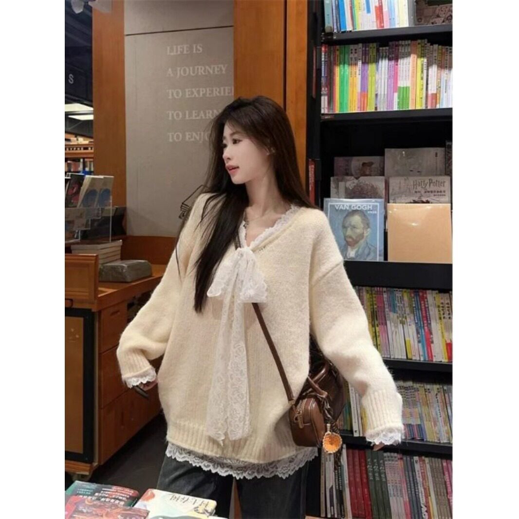 蕾丝蝴蝶结拼接毛衣外套女秋冬宽松软糯针织衫上衣