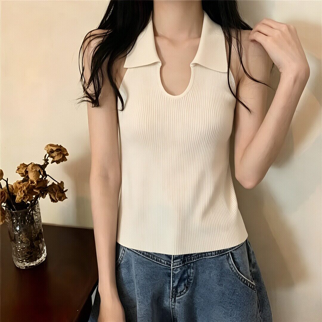 实拍法式Polo领挂脖吊带背心夏纯色修身显瘦冰丝v领无袖上衣女