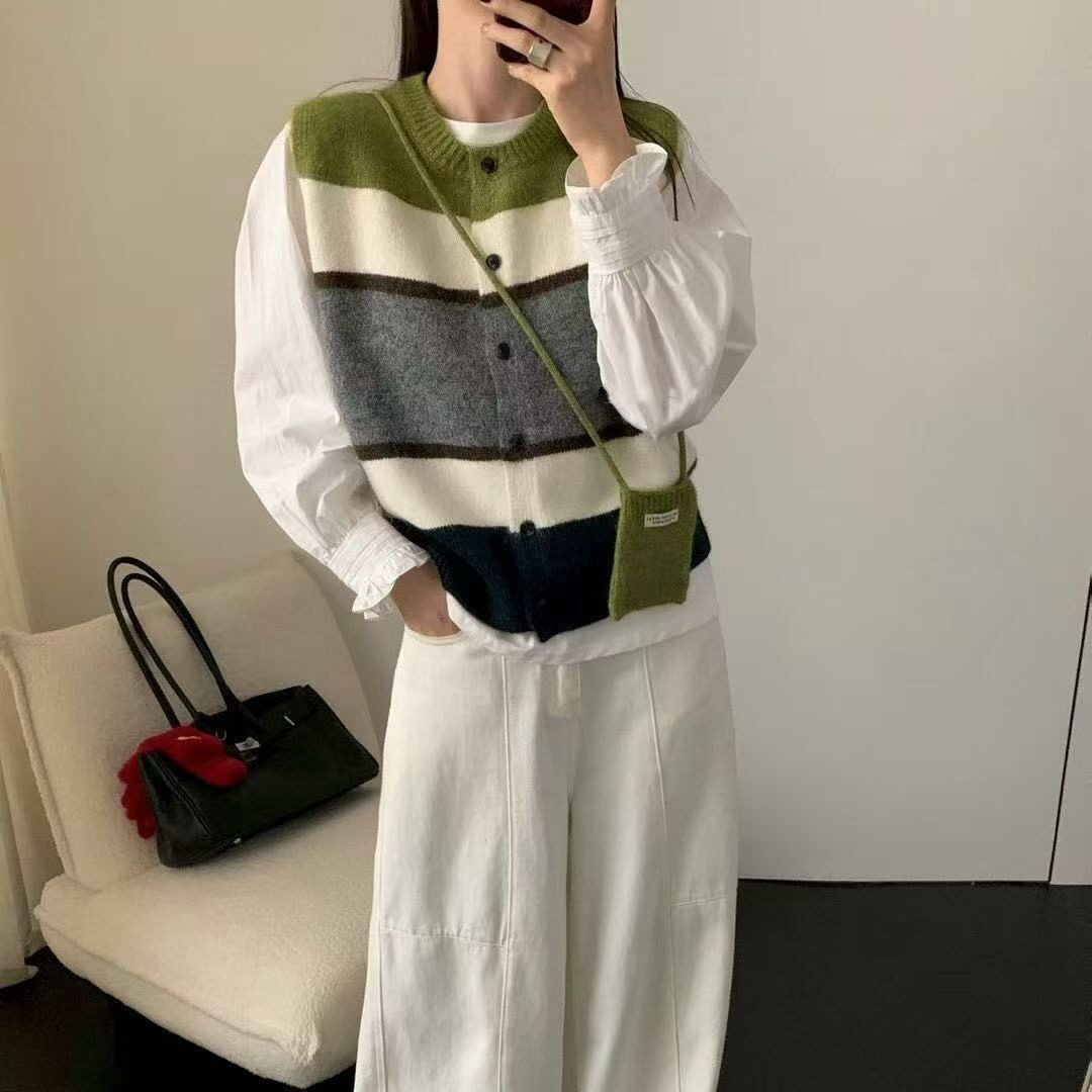 韩系马甲条纹开衫圆领配包包百搭高级热卖款外穿上衣毛衣