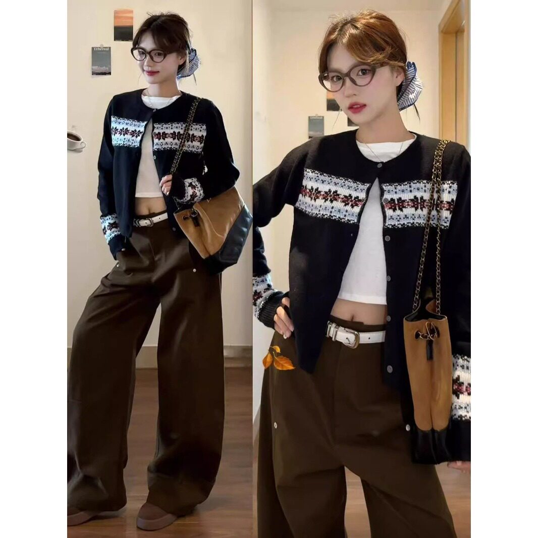 洗水费尔岛秋冬毛织外套针织开衫提花外搭上衣女