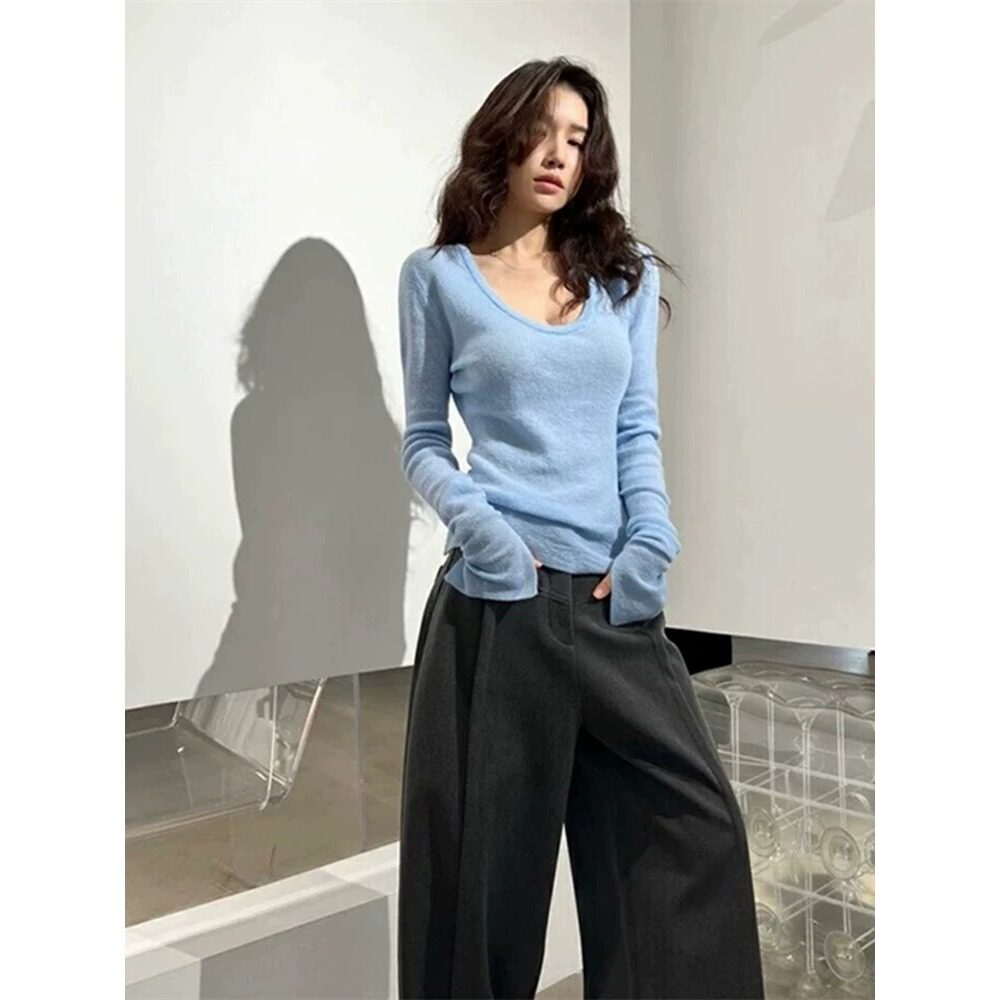 韩系蓝色u领长袖针织衫女春秋修身软糯内搭打底衫t恤正肩低领上衣