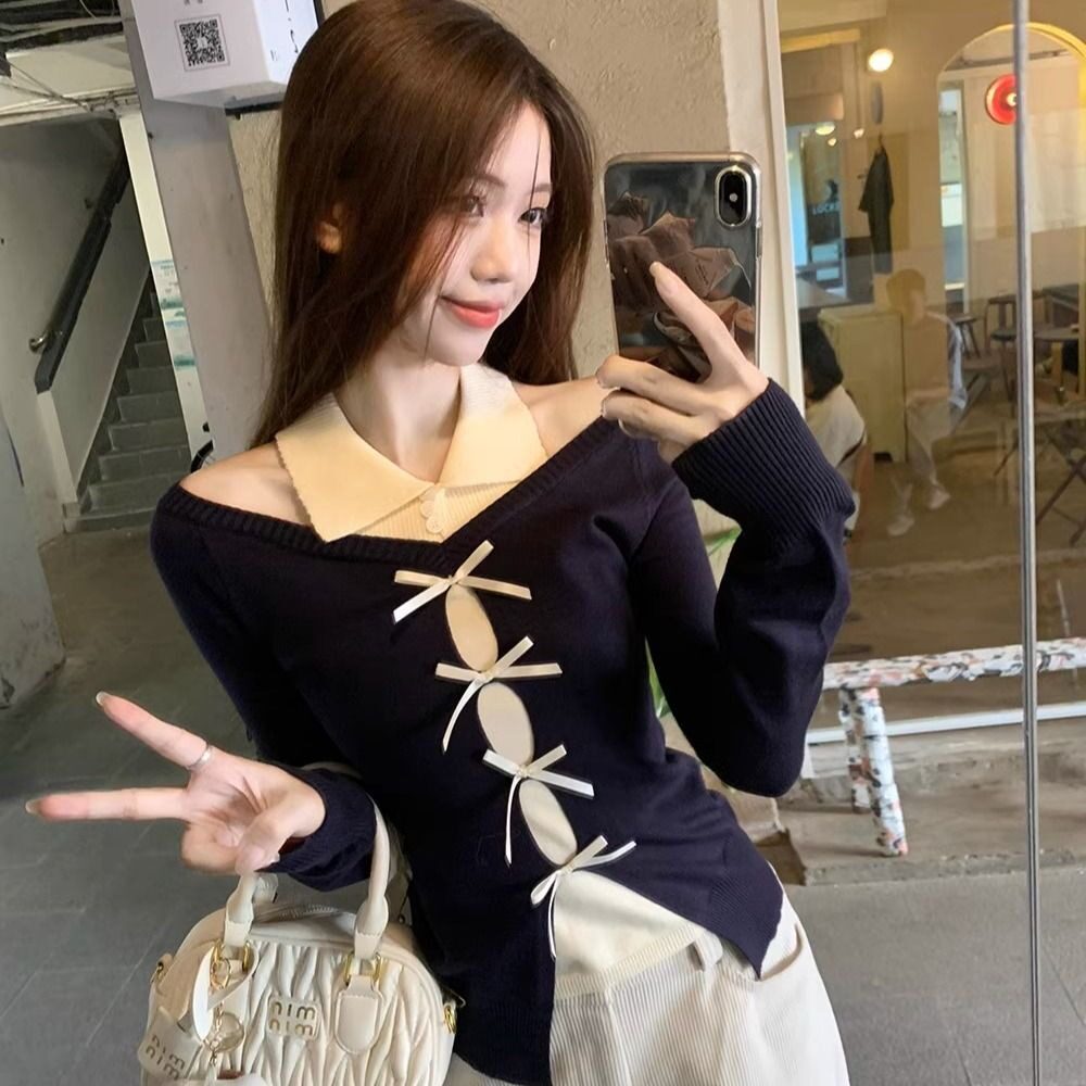 假两件拼接蝴蝶结长袖针织衫女2026秋季新款设计感甜辣风挂脖上衣