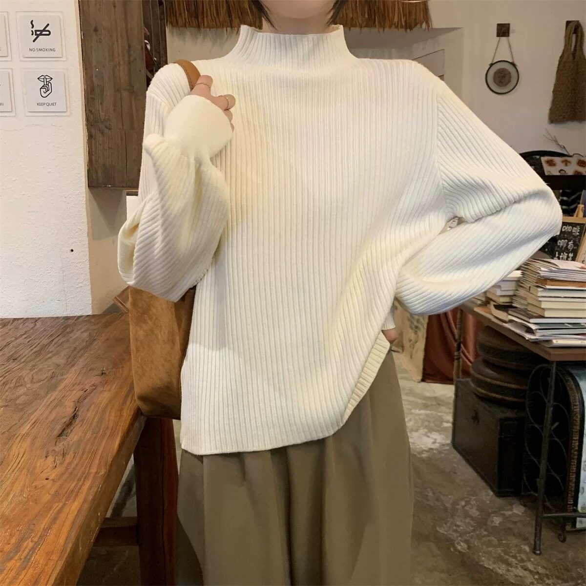 黑色毛衣女秋冬2026新款打底灯笼袖半高领针织衫修身内搭长袖上衣