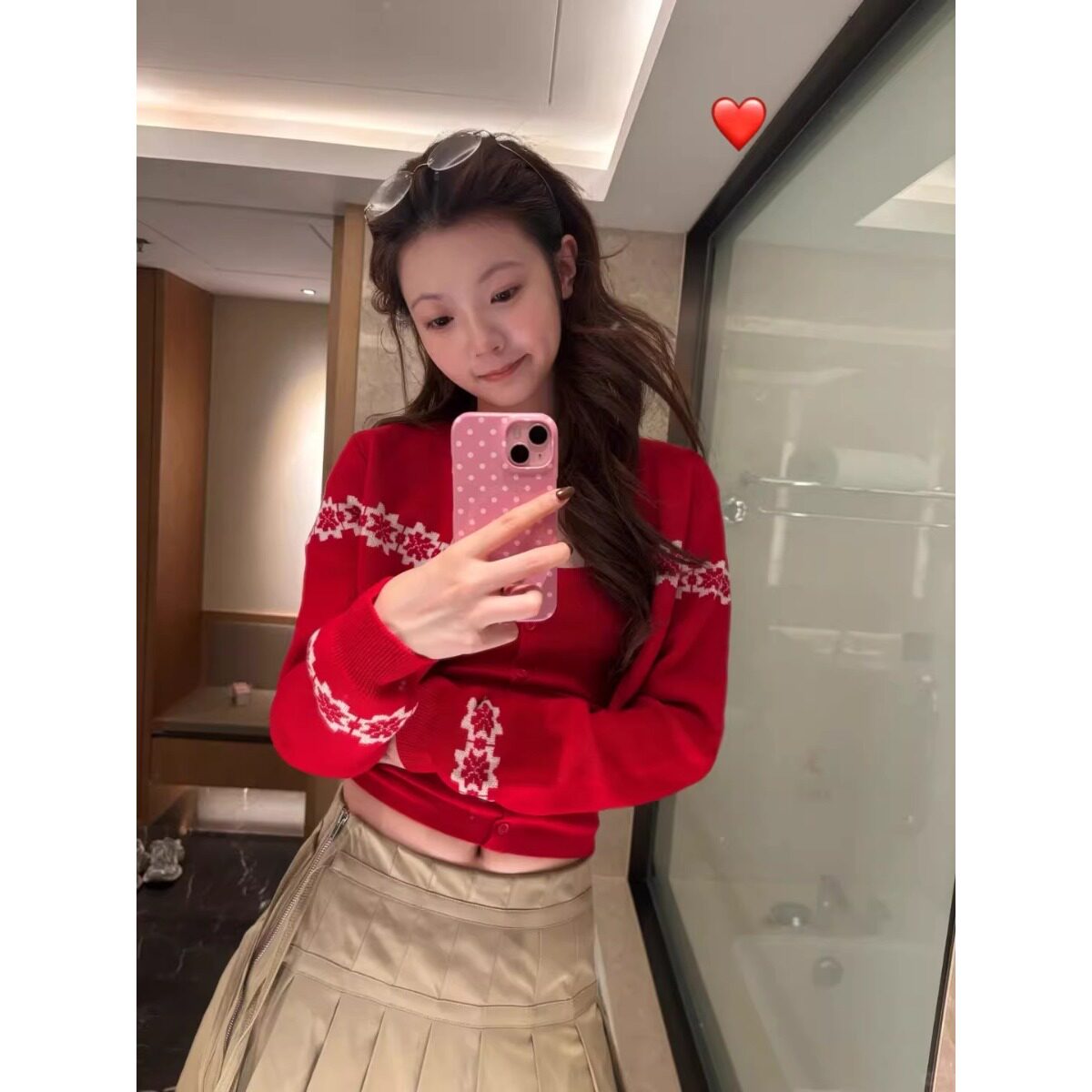 包芯纱洗水圣诞穿搭费尔岛红色针织开衫女秋冬高级感毛衣两件