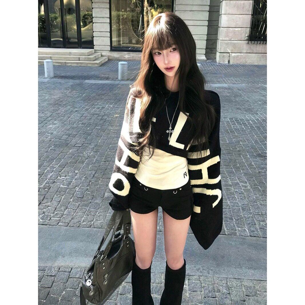 洗水短款字母提花长袖女秋冬宽松设计感套头针织上衣