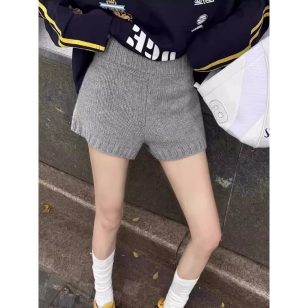 灰色针织休闲短裤女春秋冬新款小个子毛线显瘦高腰阔腿裤