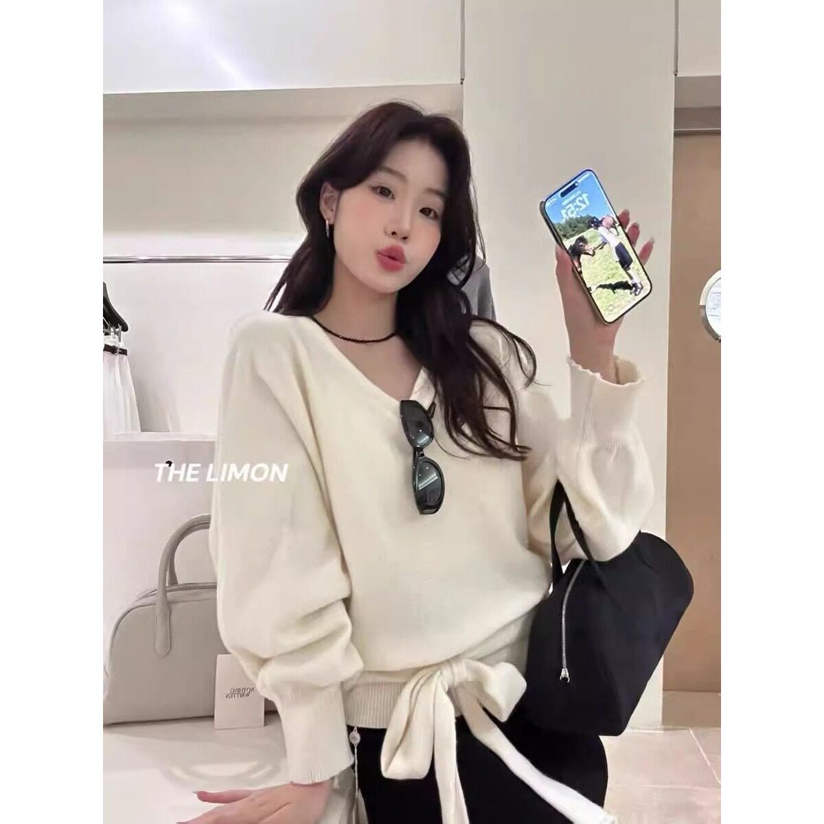 洗水品质秋冬女款慵懒风v领蝙蝠袖V领绑带长袖针织衫