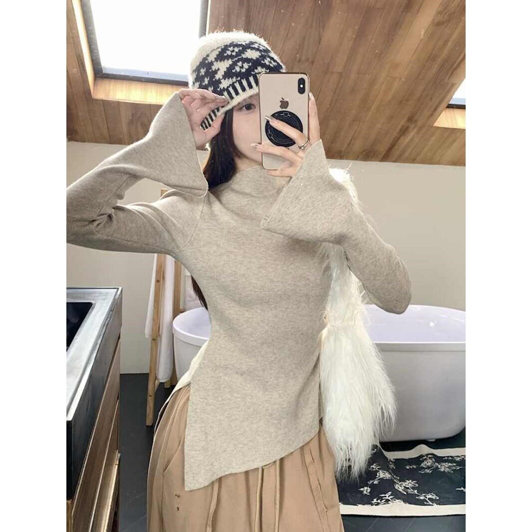 韩版温柔风不规则高领喇叭袖针织衫女秋冬收腰开叉内搭打底衫毛衣