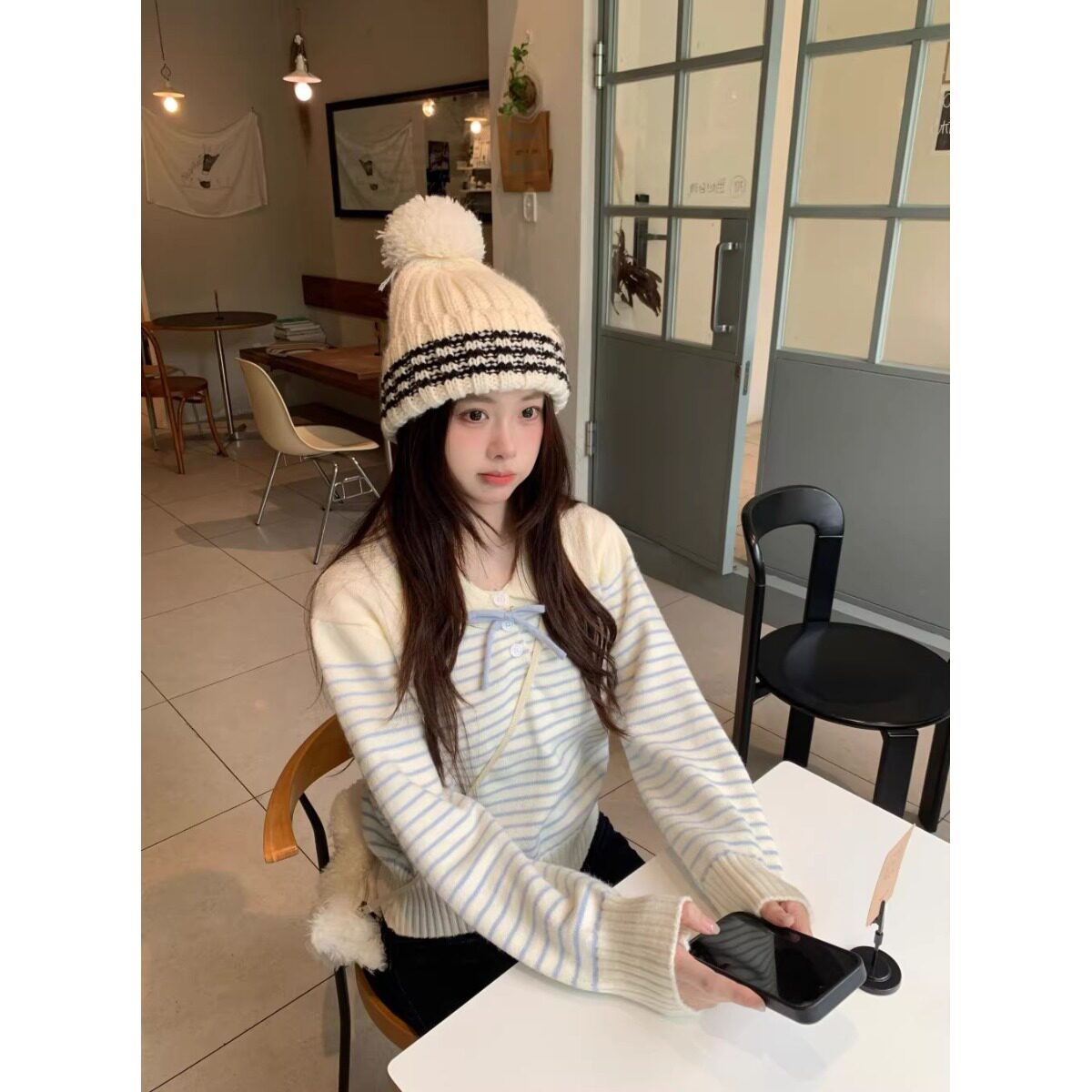 包芯纱甜美蝴蝶结翻领条纹针织衫女秋冬小个子设计感打底上衣