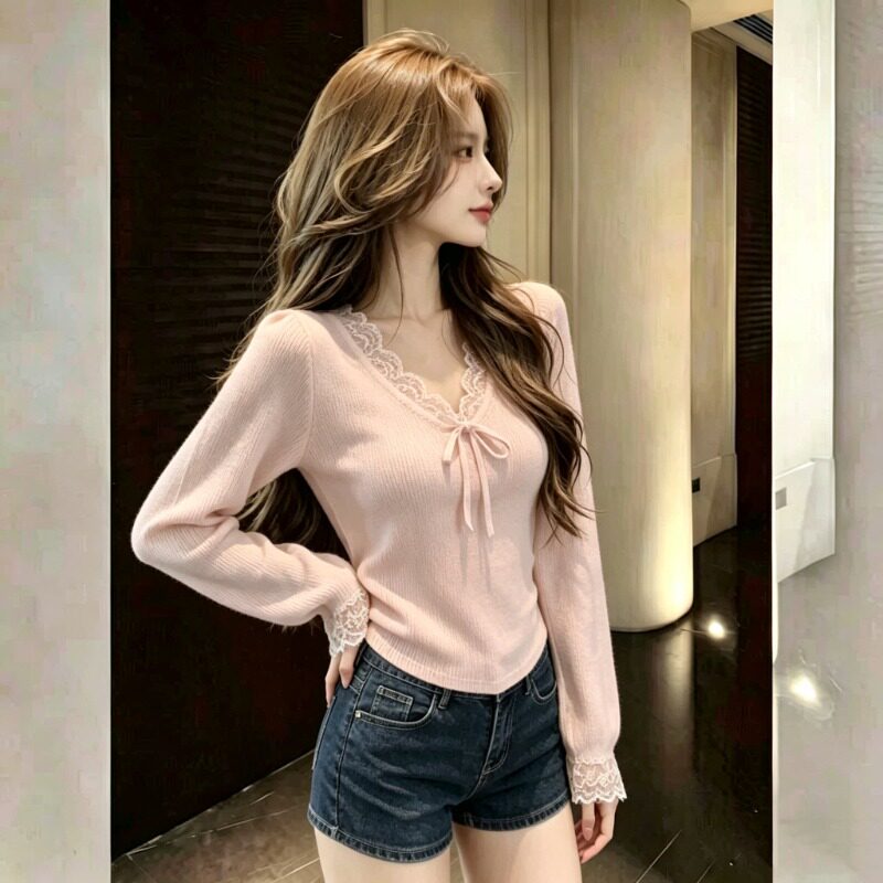 时尚美式漂亮蕾丝v领修身长袖毛衣女秋冬气质蝴蝶结针织打底上衣