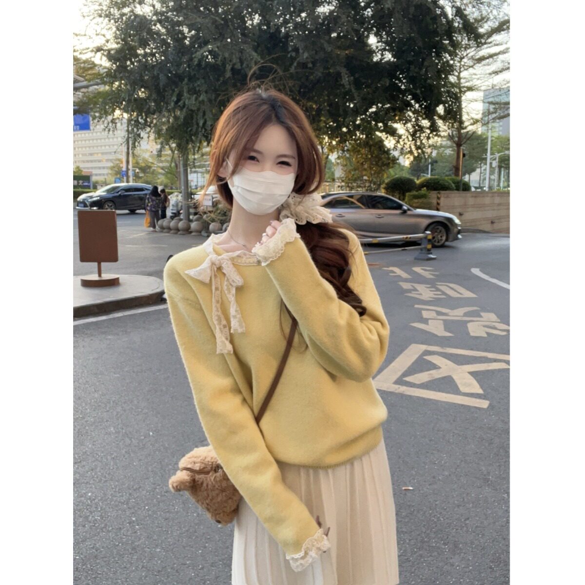 韩版圆领甜美蕾丝边针织毛衣女新款洋气百搭休闲显瘦上衣