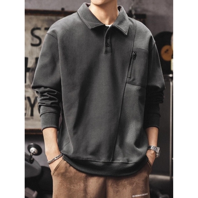 美式重磅长袖POLO衫男日系设计感痞帅翻领卫衣男款高级感翻领上衣