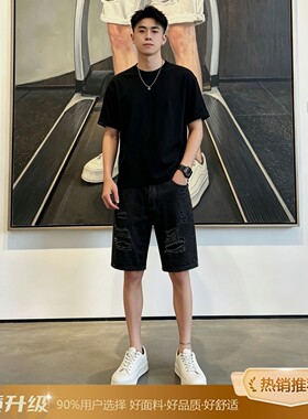 JJ男装夏季破洞乞丐百搭潮青少年休闲百搭牛仔五分短裤