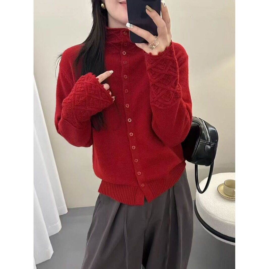 洗水韩系纯色蕾丝花边长袖针织开衫女单排扣设计显瘦上衣