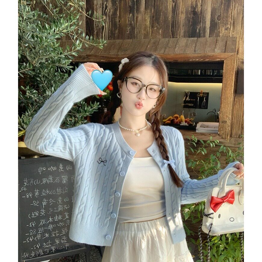 安迪绒洗水蓝色开衫毛衣外套女新款蝴蝶结刺绣麻花针织上衣韩