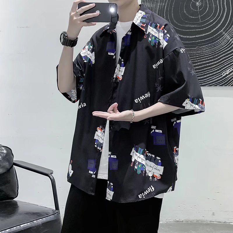 夏威夷沙滩花衬衫短袖男士宽松ins港风日系复古着潮流衬衣