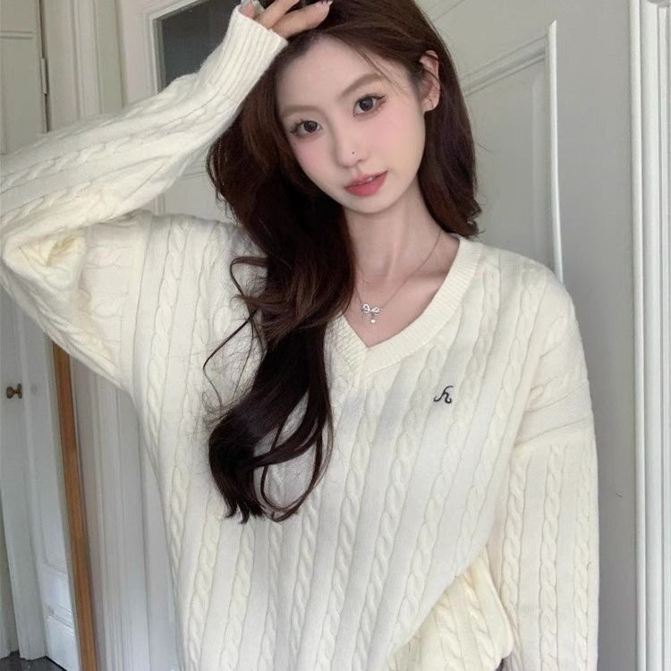 T497包芯纱温柔风V领麻花毛衣女秋冬新款韩版宽松保暖上衣软