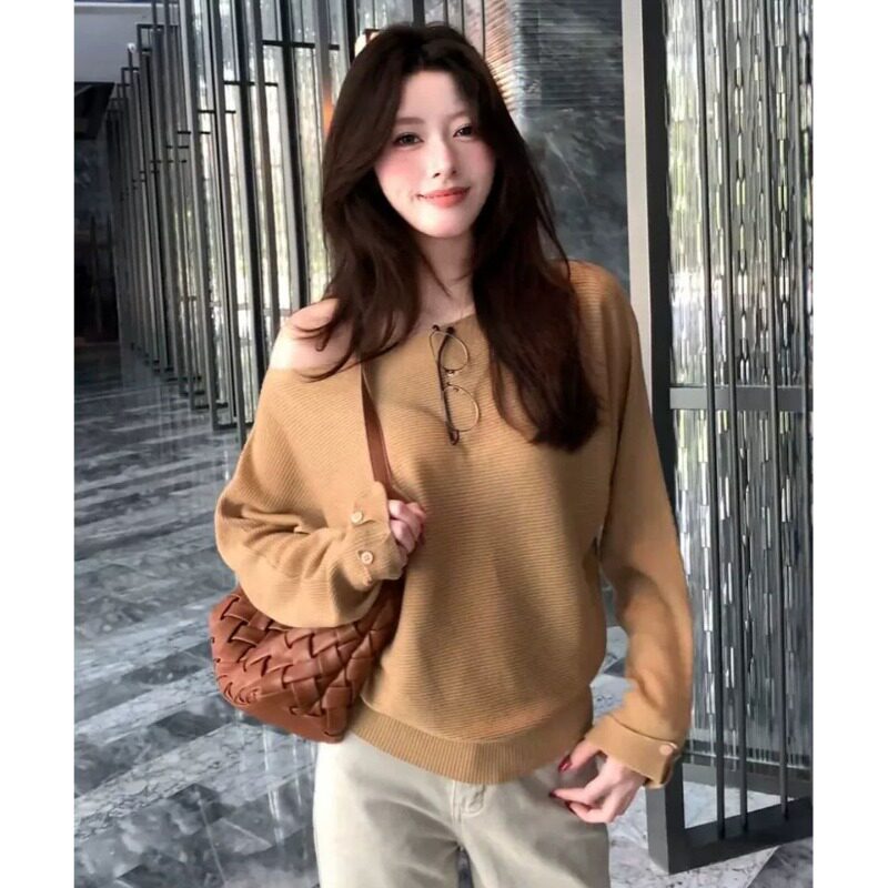 包芯纱洗水一字肩针织衫女秋季新款长袖套头宽松显瘦气质上衣