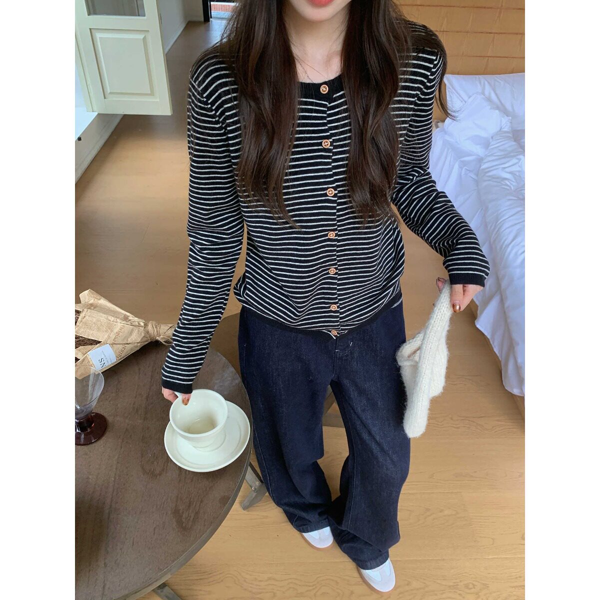 撞色条纹针织长袖开衫上衣女韩系新款秋冬穿搭修身毛衣百搭外套
