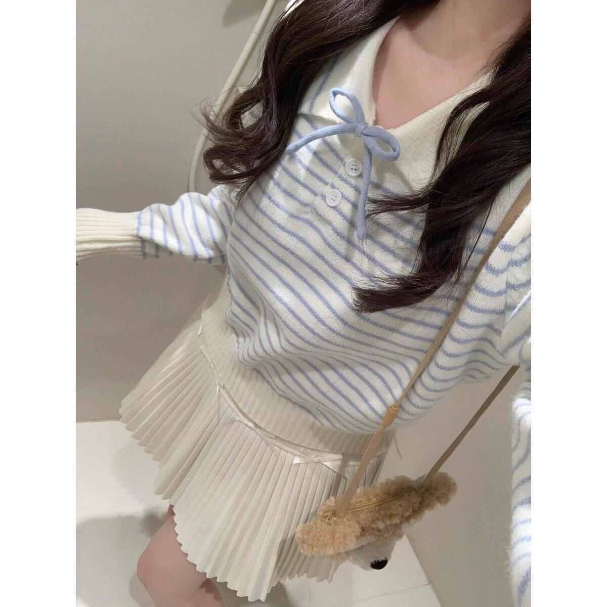 甜美蝴蝶结翻领条纹针织衫毛衣女春季小个子韩系慵懒打底内搭上衣