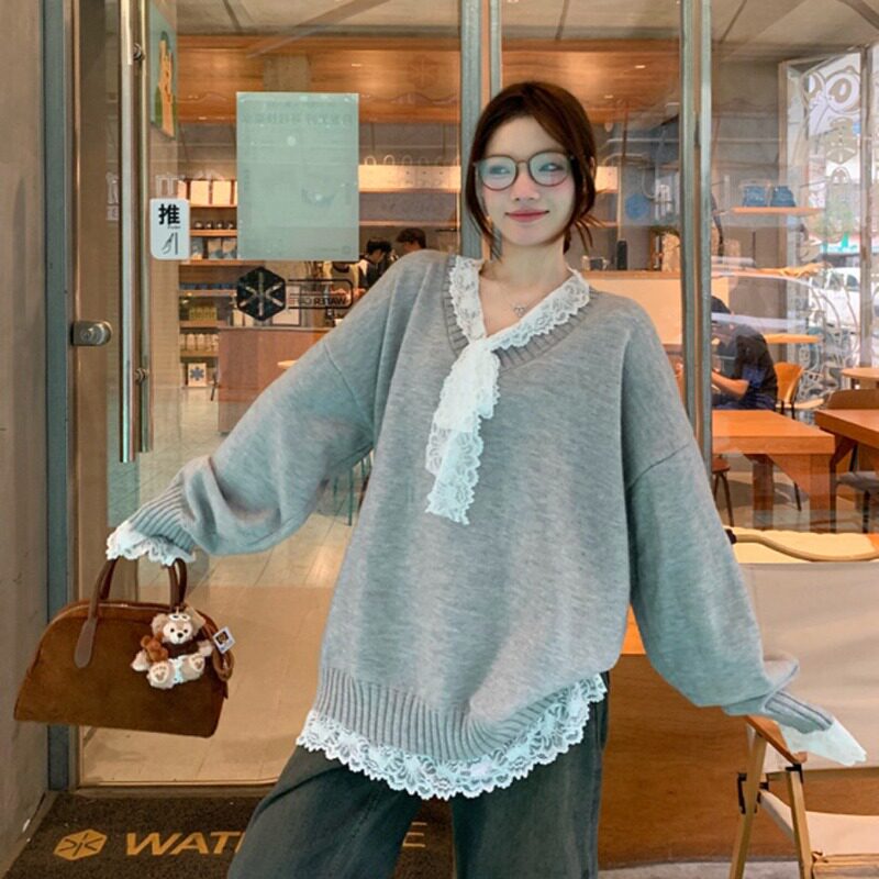 设计感蕾丝假两件慵懒风针织衫女上衣秋冬季韩系学院软糯减龄毛衣