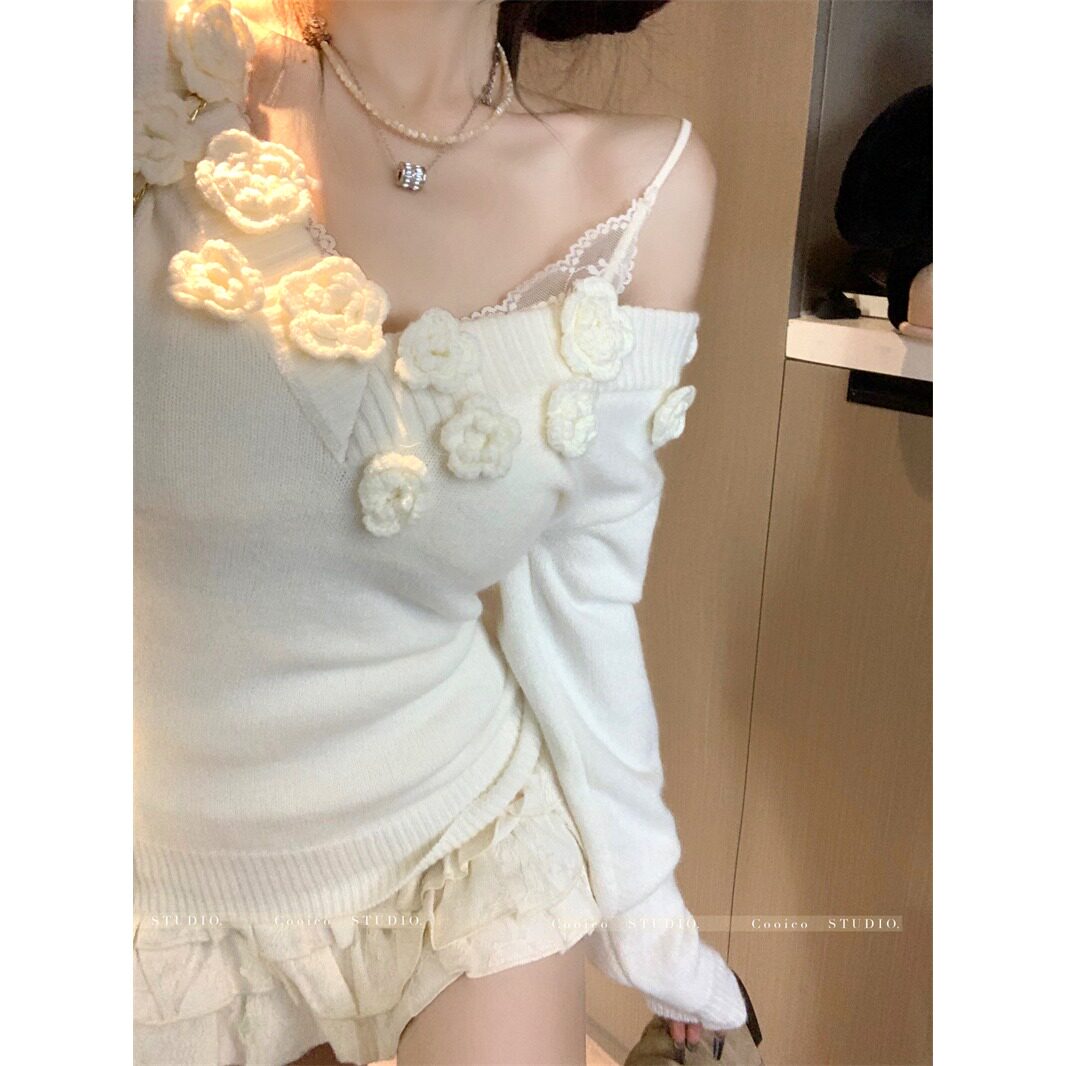 包芯纱白色立体花朵v领针织衫女秋冬长袖毛衣内搭甜辣短款上
