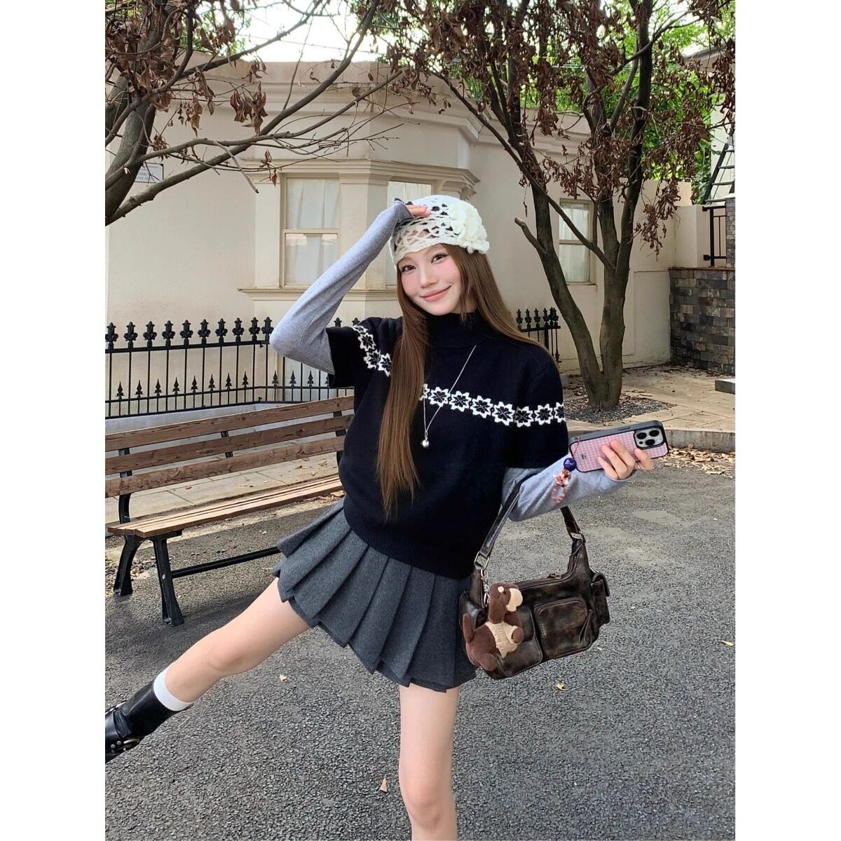 包芯纱洗水高领费尔岛短款毛衣女秋新款休闲复古提花短袖针织