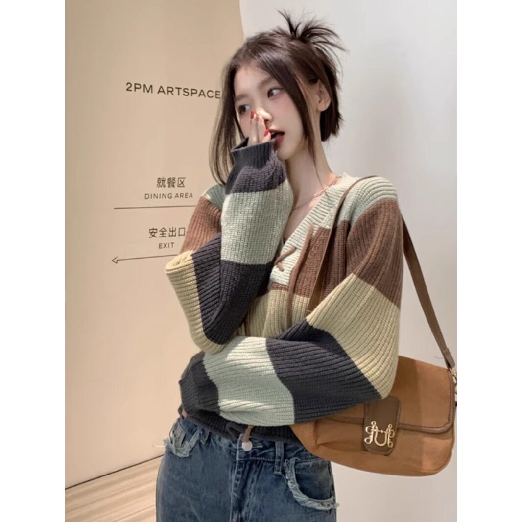 复古撞色条纹系带v领针织打底衫女秋冬修身显瘦上衣短款毛衣内搭