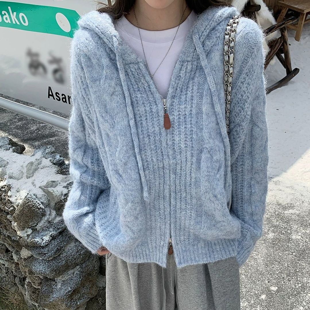 韩版软糯加厚拉链毛衣女秋冬新款宽松连帽百搭针织毛线外套上衣